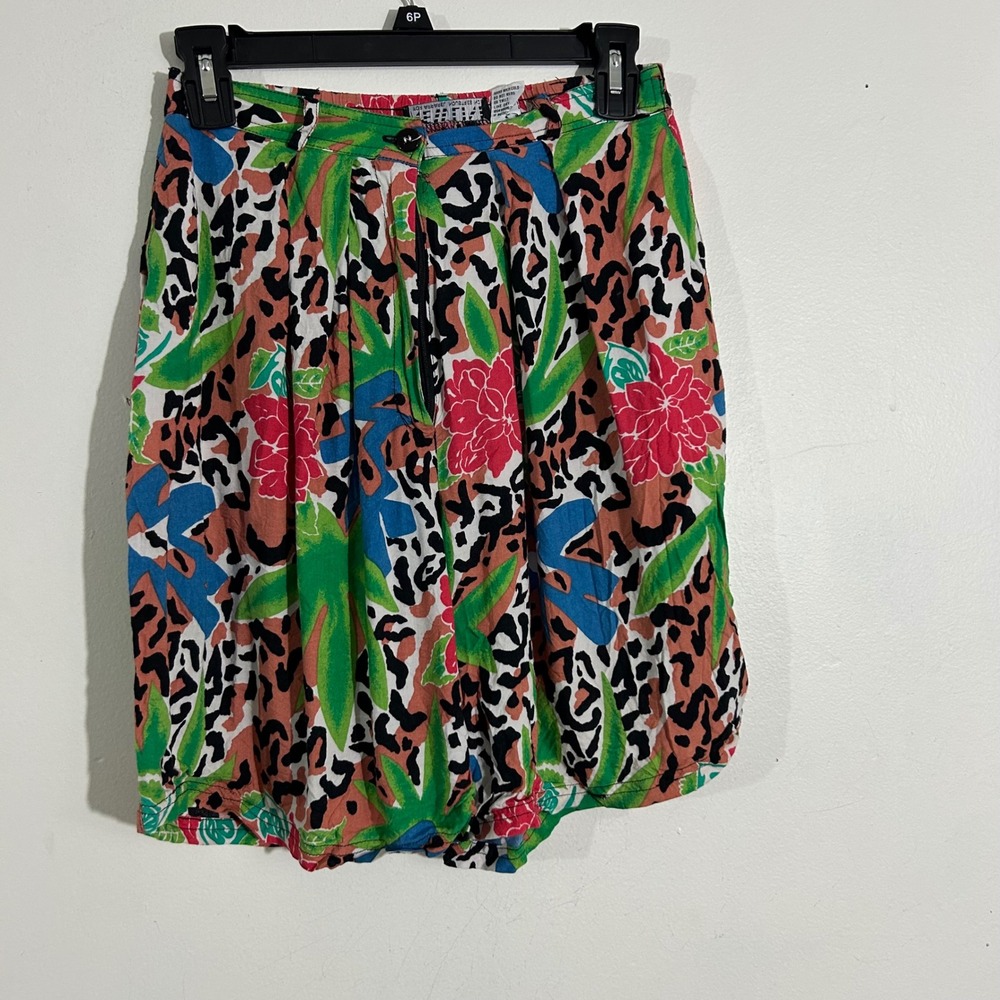 Vintage 80s The New Line Rayon Leopard Floral Print Drawstring Skirt Small